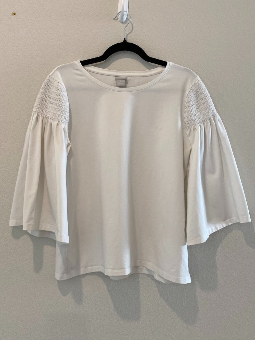 Chico's Smocked Shoulder Bell Sleeve Blouse  Crisp Off-White  Women's Size 2 (L)